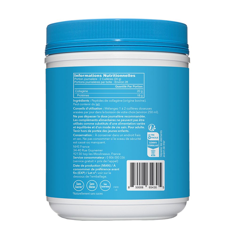 Dos du pot VITAL PROTEINS Collagen Peptides. Informations nutritionnelles, ingrédients, mode d'emploi, coordonnées et code-barres.