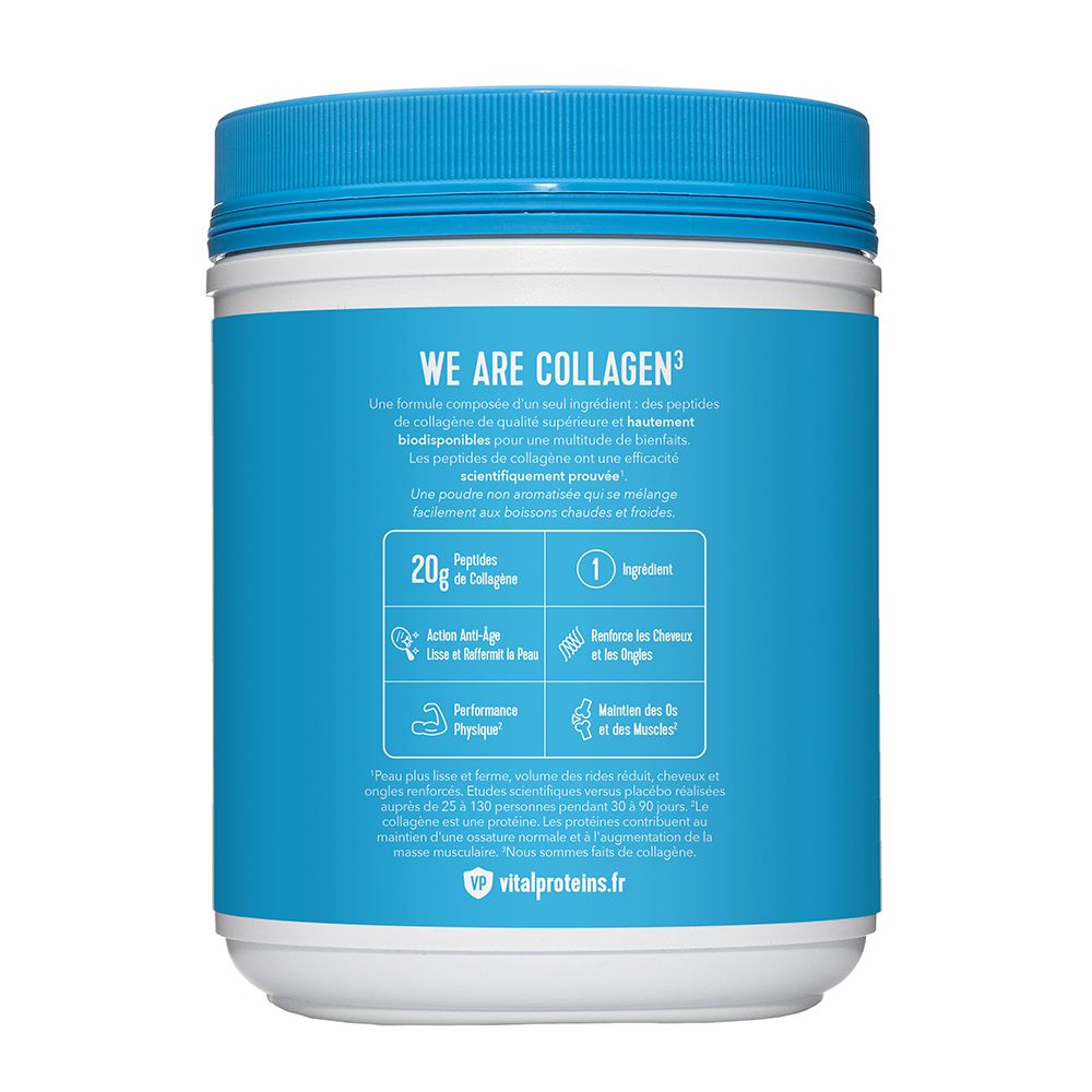 Dos du pot VITAL PROTEINS Collagen Peptides. Texte: 20g peptides de collagène, anti-âge, performance physique, cheveux, ongles, os et muscles.