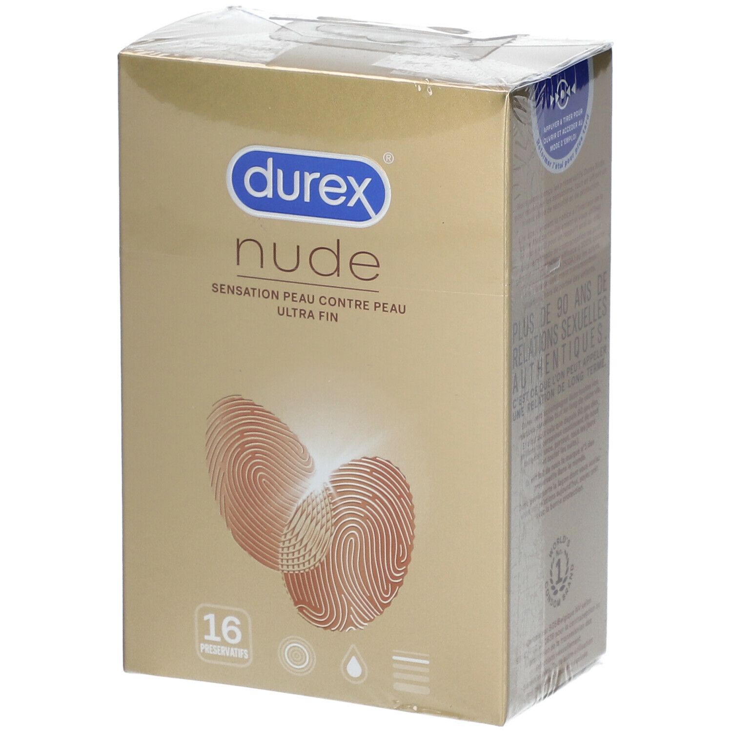 Boîte de préservatifs Durex Nude. 16 unités. Design avec empreintes digitales.