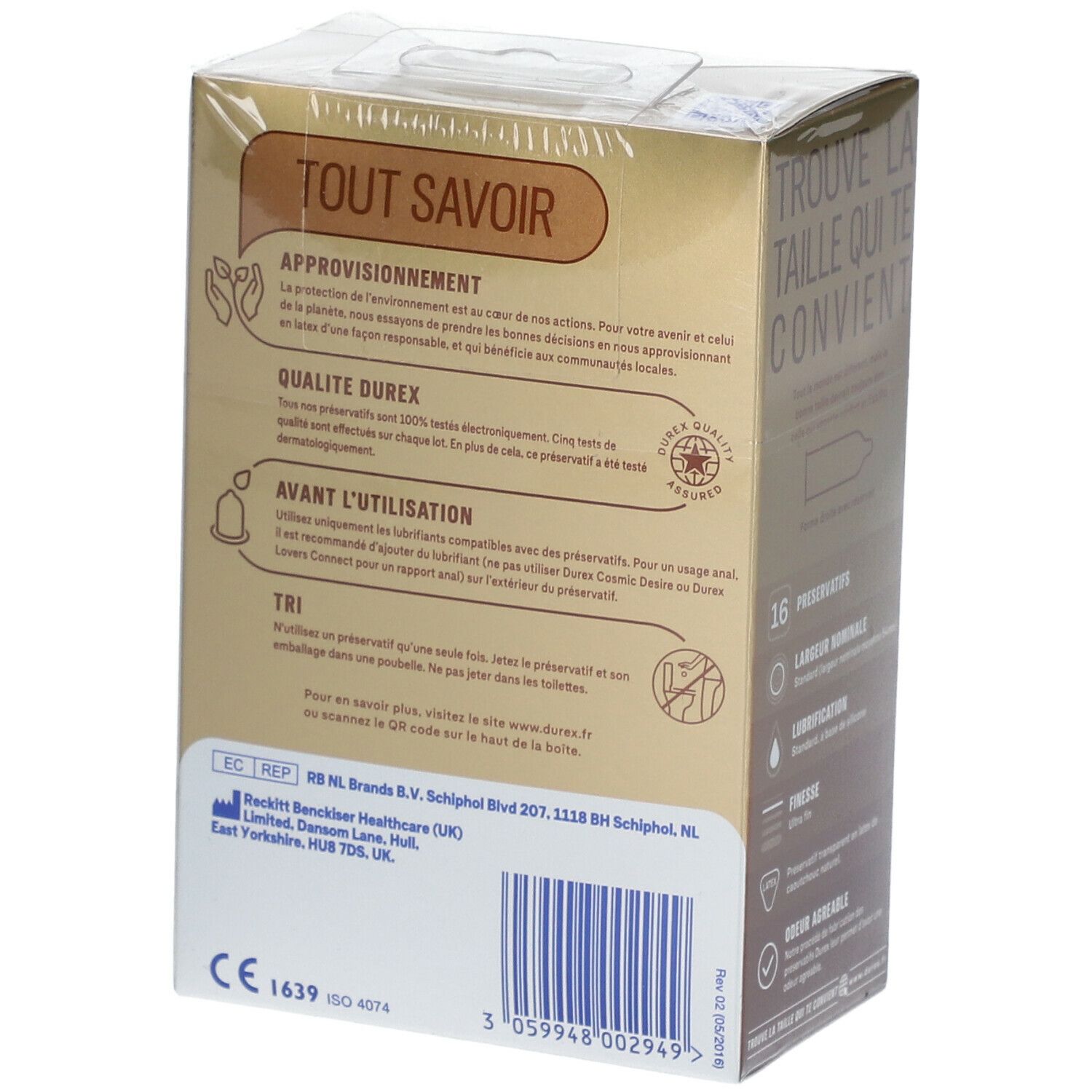 Dos de la boîte de préservatifs. Informations sur les ingrédients, la qualité et l'utilisation.