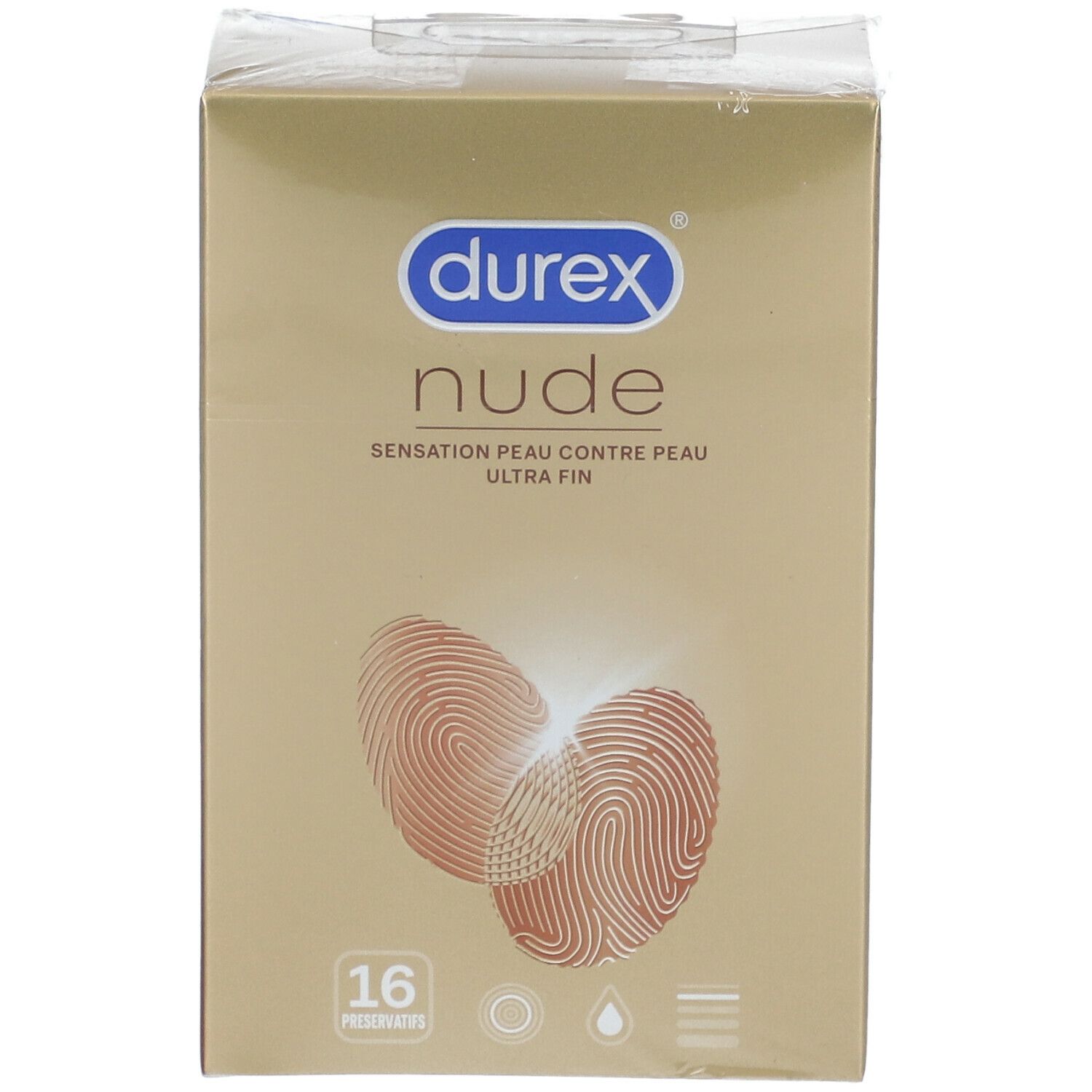 Boîte de préservatifs Durex Nude. 16 unités. Design avec empreintes digitales.