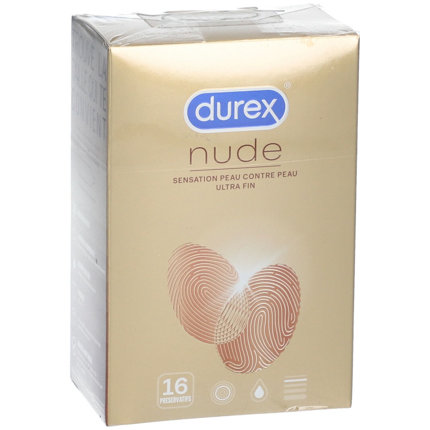 Boîte de préservatifs Durex Nude. 16 unités. Design avec empreintes digitales.