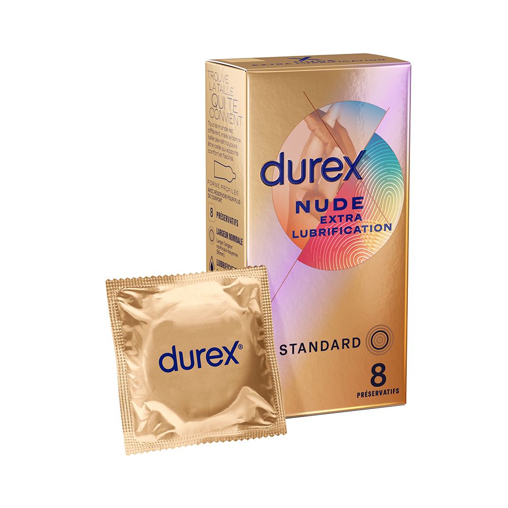 Durex Préservatifs Nude Extra Lubrifié - 8 Préservatifs Ulta Fins et Extra Lubrifiés
