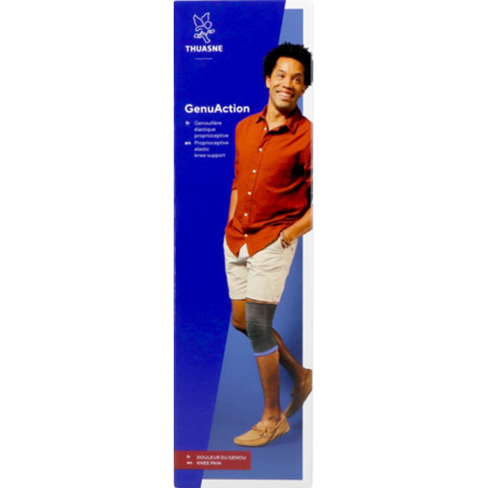 THUASNE GenuAction, taille 2, sur emballage. Un homme porte la genouillère. Support de genou.