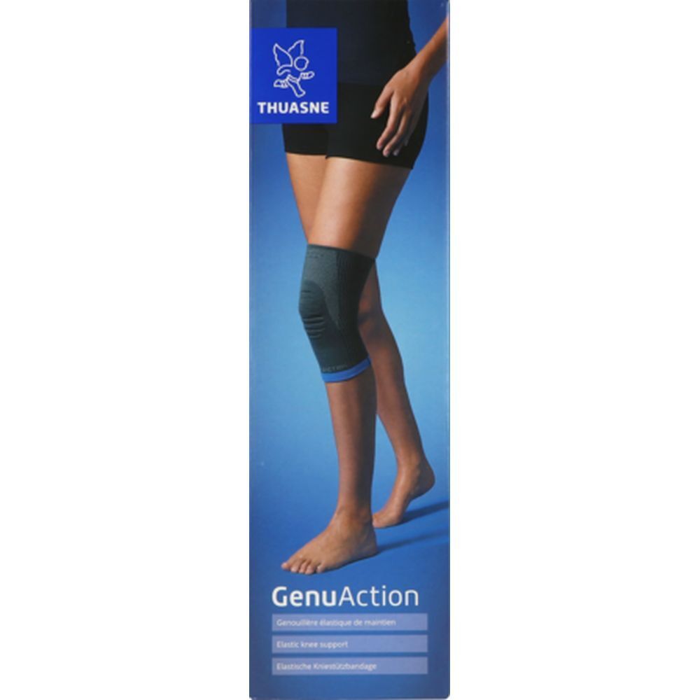THUASNE GenuAction, taille 2, sur emballage. Une femme porte l'attelle. Support du genou.