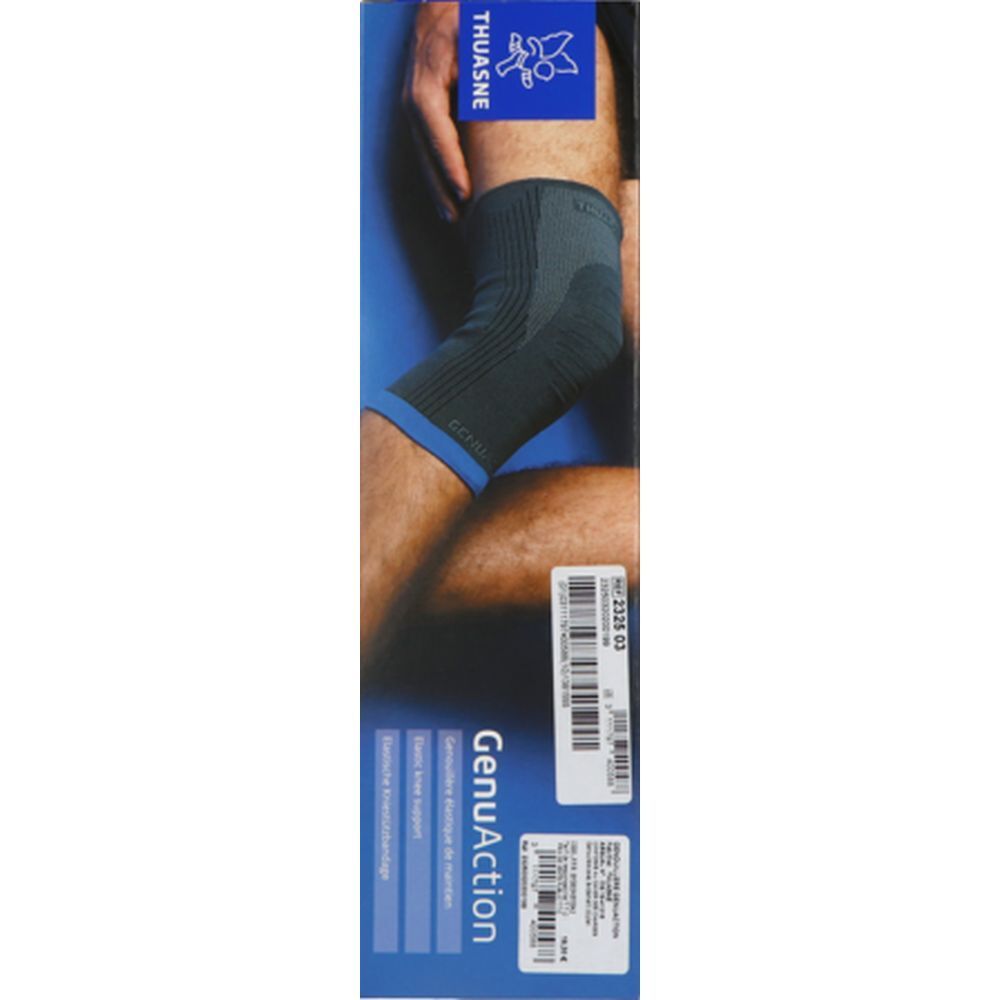 Genouillère THUASNE GenuAction, taille 2, sur emballage. Code-barres et informations produit. Support.