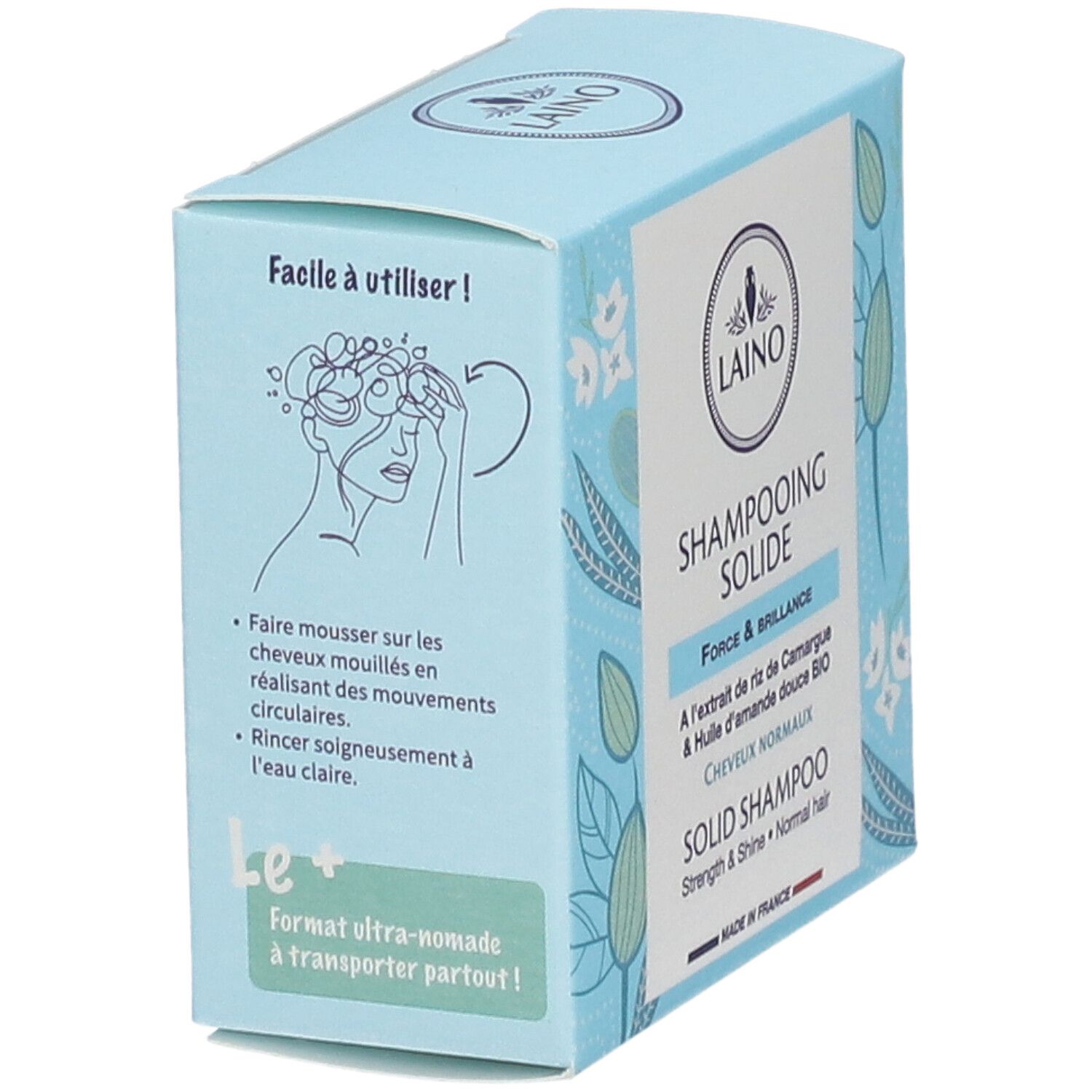 Boîte bleu clair LAINO. Shampooing solide. Instructions d'utilisation: faire mousser, masser, rincer. Format ultra-nomade.