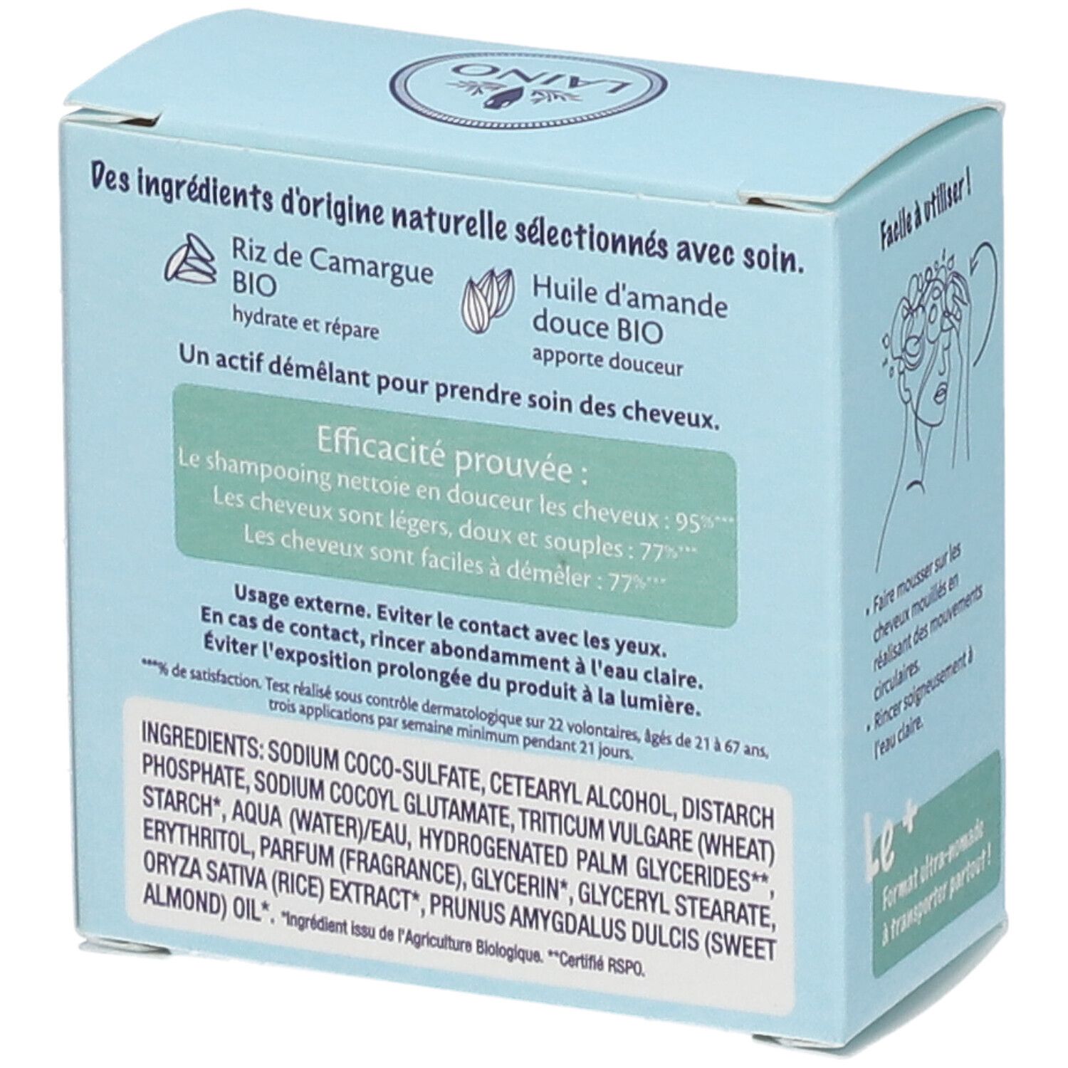 Boîte bleu clair LAINO. Shampooing solide. Ingrédients: extrait de riz, huile d'amande. Efficacité prouvée. Pour cheveux normaux.