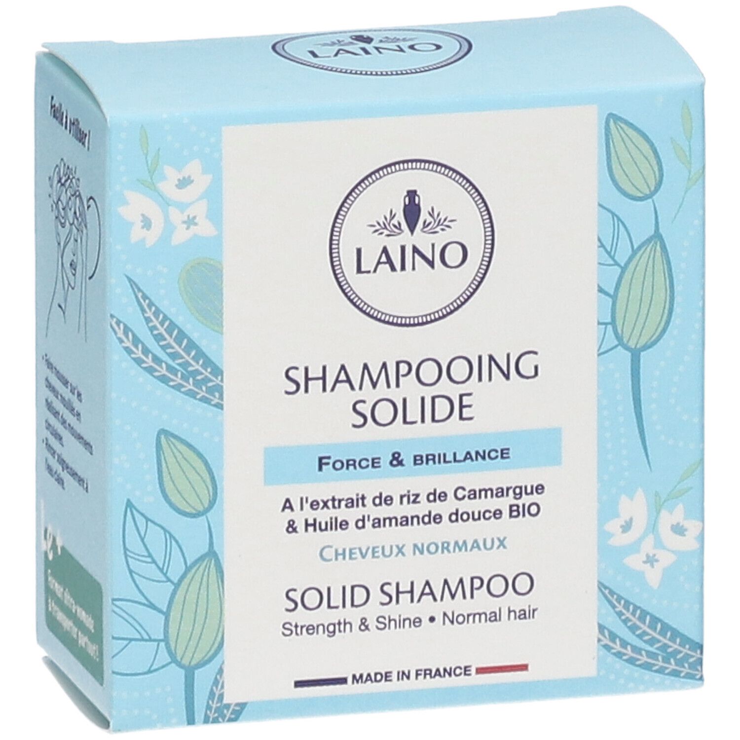Boîte bleu clair LAINO. Shampooing solide pour cheveux normaux. Extrait de riz et huile d'amande. Fabriqué en France.