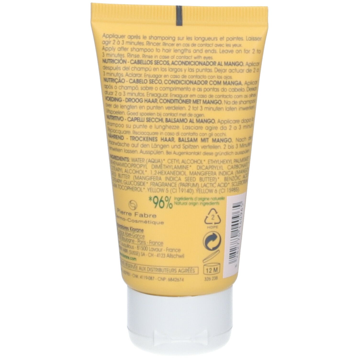 Rückseite der gelben KLORANE Mango Conditioner Tube. Text in mehreren Sprachen. Logo: 96% natürliche Inhaltsstoffe. Recycling-Symbol.