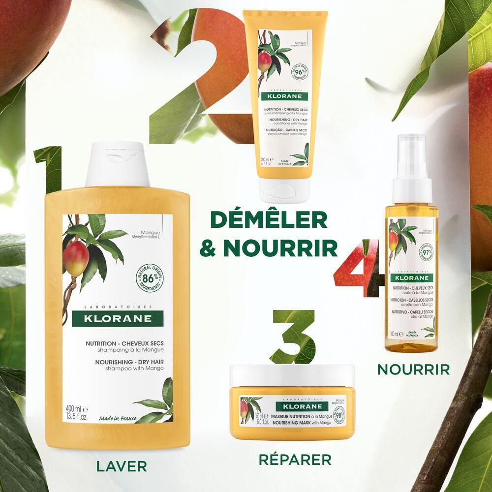 Produktreihe: Shampoo, Spülung, Maske und Öl. Mango-Abbildungen und Klorane-Logo. Produkte für trockenes Haar.