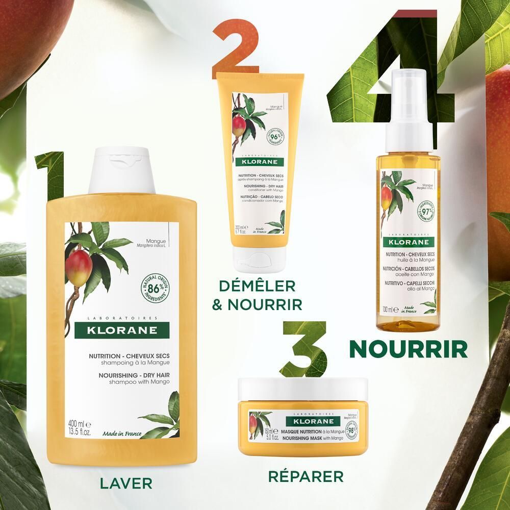 Gamme de produits Klorane à la mangue. Shampooing, après-shampooing, masque et huile. Différents emballages et tailles.