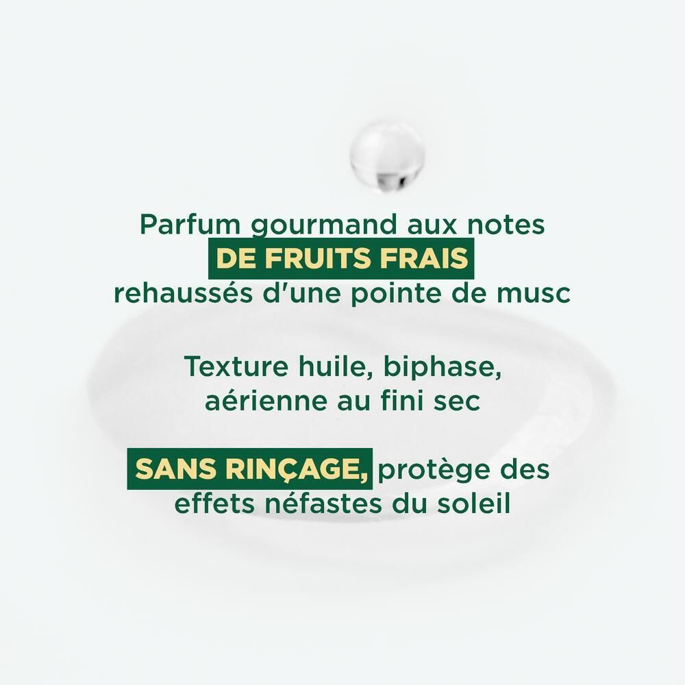 Texte sur les propriétés du produit. Description de la texture et du parfum. Sans rinçage, protège du soleil.