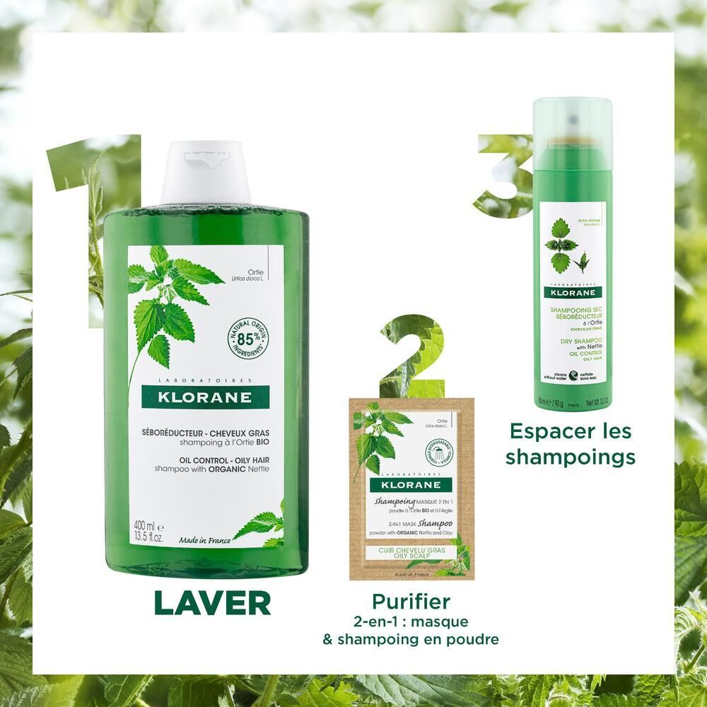 Produktreihe: Shampoo, 2-in-1-Maske, Trockenshampoo. KLORANE-Logo. Illustrationen von Brennnessel.