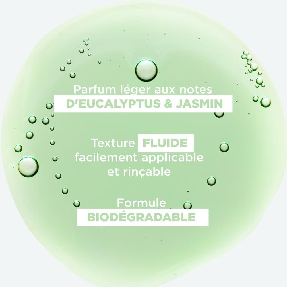 Grüne Flüssigkeit mit Blasen. Text: Eukalyptus & Jasmin Duft, flüssige Textur, biologisch abbaubar.