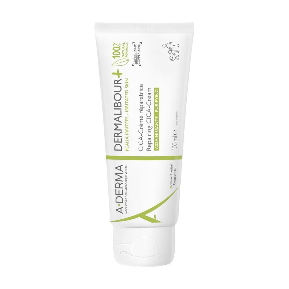 Tube blanche avec texte vert. A-DERMA DERMALIBOUR+ CICA-Crème. Formule 100% naturelle.