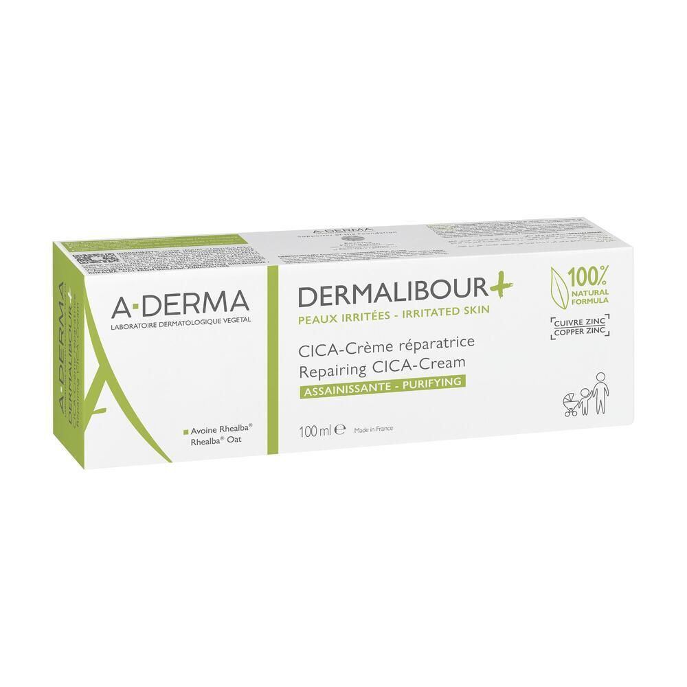 Boîte blanche avec texte vert. A-DERMA DERMALIBOUR+ CICA-Crème. Formule 100% naturelle.