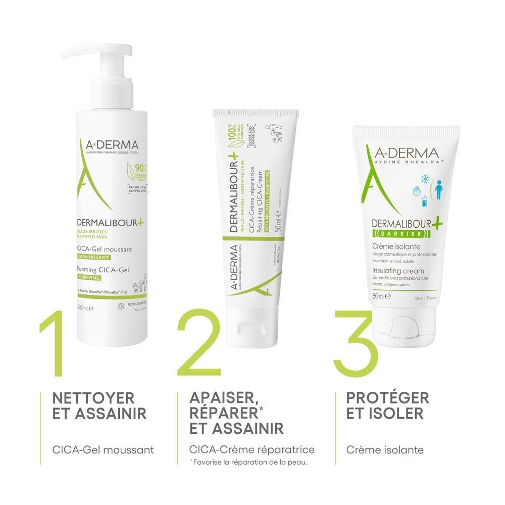 Trois produits: CICA-Gel moussant, CICA-Crème, crème isolante. Légendes en français.