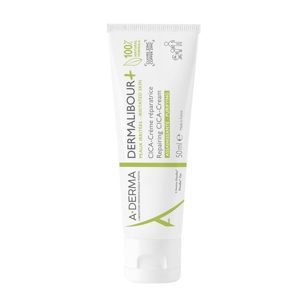 Tube blanche, écriture verte. A-DERMA DERMALIBOUR+ CICA-Crème. 50 ml. Formule 100% naturelle.