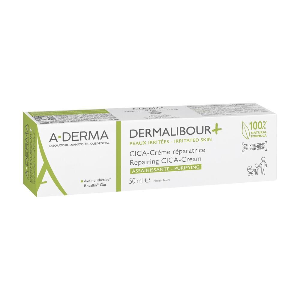 Emballage avec tube. A-DERMA DERMALIBOUR+ CICA-Crème. 50 ml. Formule 100% naturelle.