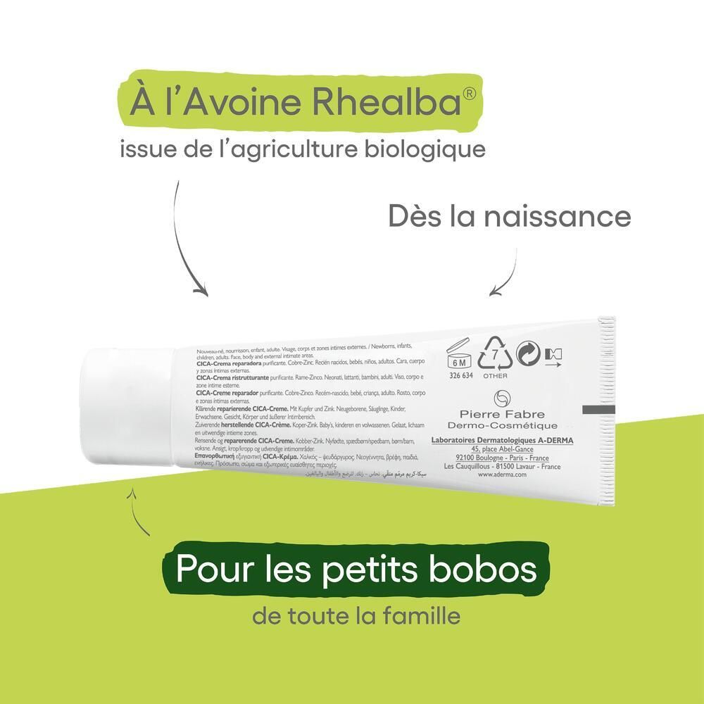 Texte avec flèches. A-DERMA, issu de l'agriculture biologique. Pour les petits bobos de toute la famille.