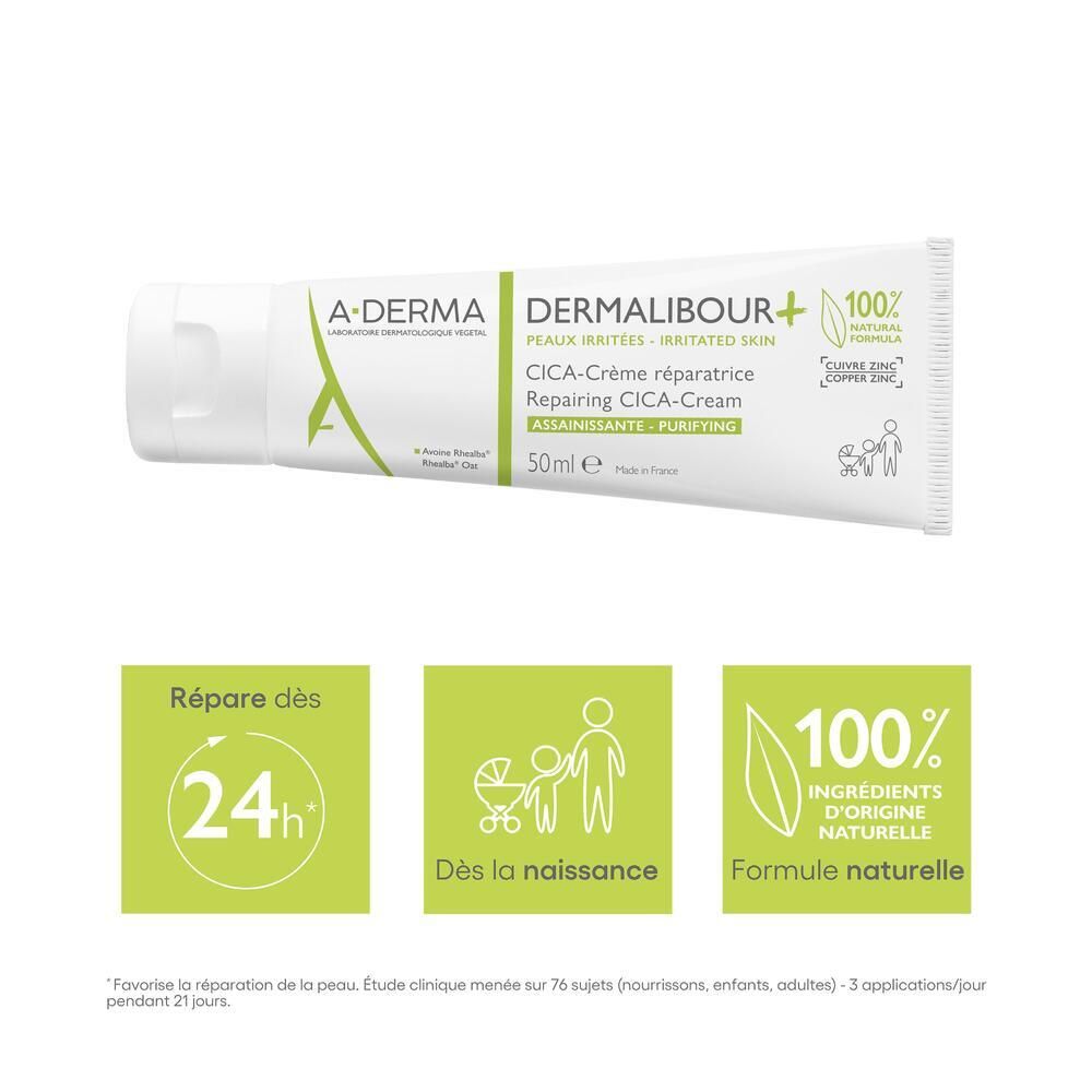 Tube avec texte. A-DERMA DERMALIBOUR+ CICA-Crème. 50 ml. Répare en 24h. Dès la naissance. Formule naturelle.
