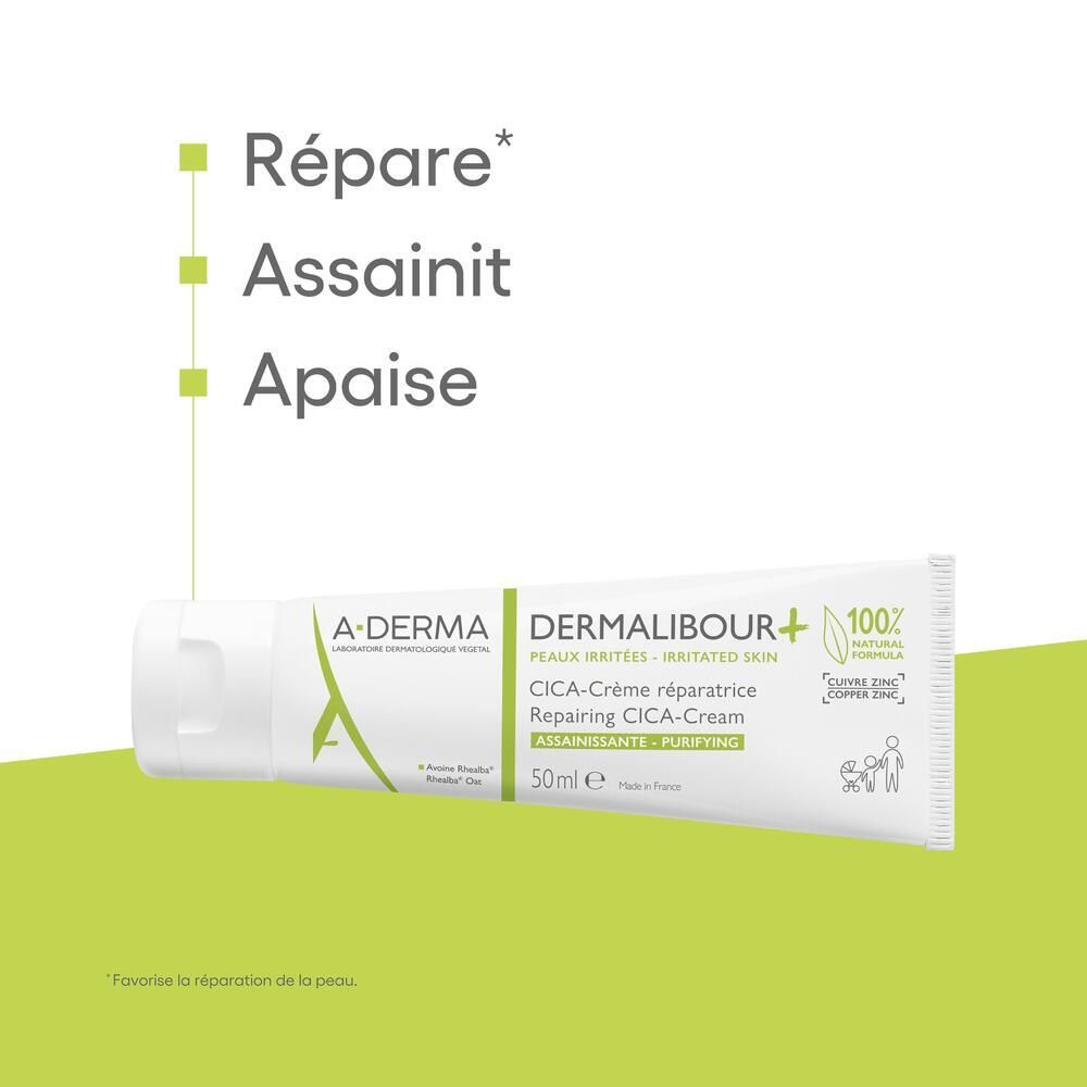 Tube avec texte. A-DERMA DERMALIBOUR+ CICA-Crème. 50 ml. Répare, apaise, assainit.