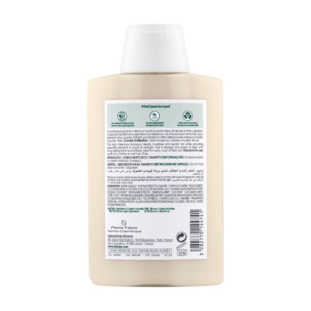Dos du flacon de shampooing Klorane Cupuaçu BIO. Texte et ingrédients imprimés. Avec symboles de recyclage.