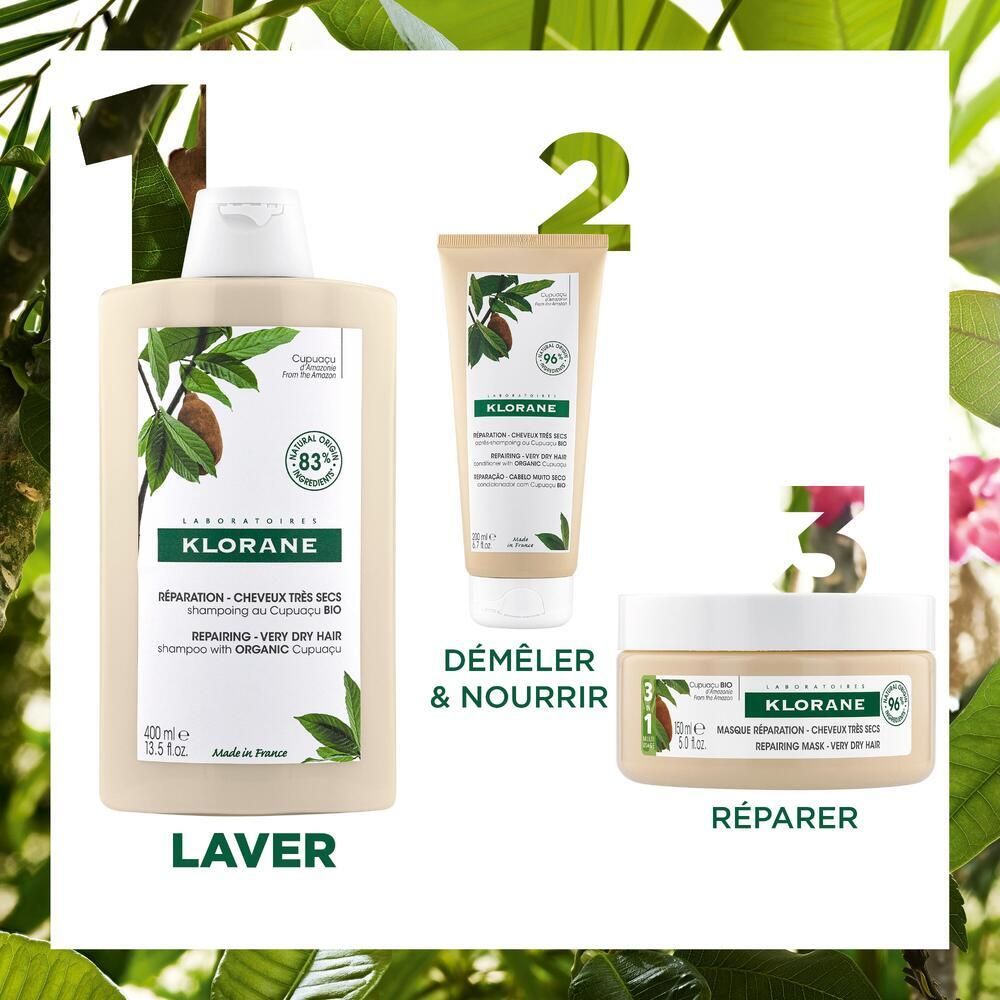 Trois produits Klorane : shampooing, après-shampooing et masque. Tous avec Cupuaçu BIO. Disposition pour l'utilisation.