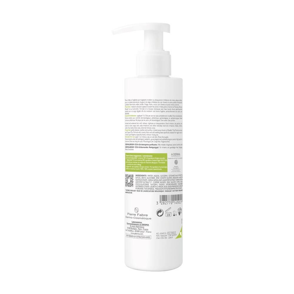 Dos du flacon A-DERMA DERMALIBOUR+ CICA Gel moussant. Texte et éléments verts.