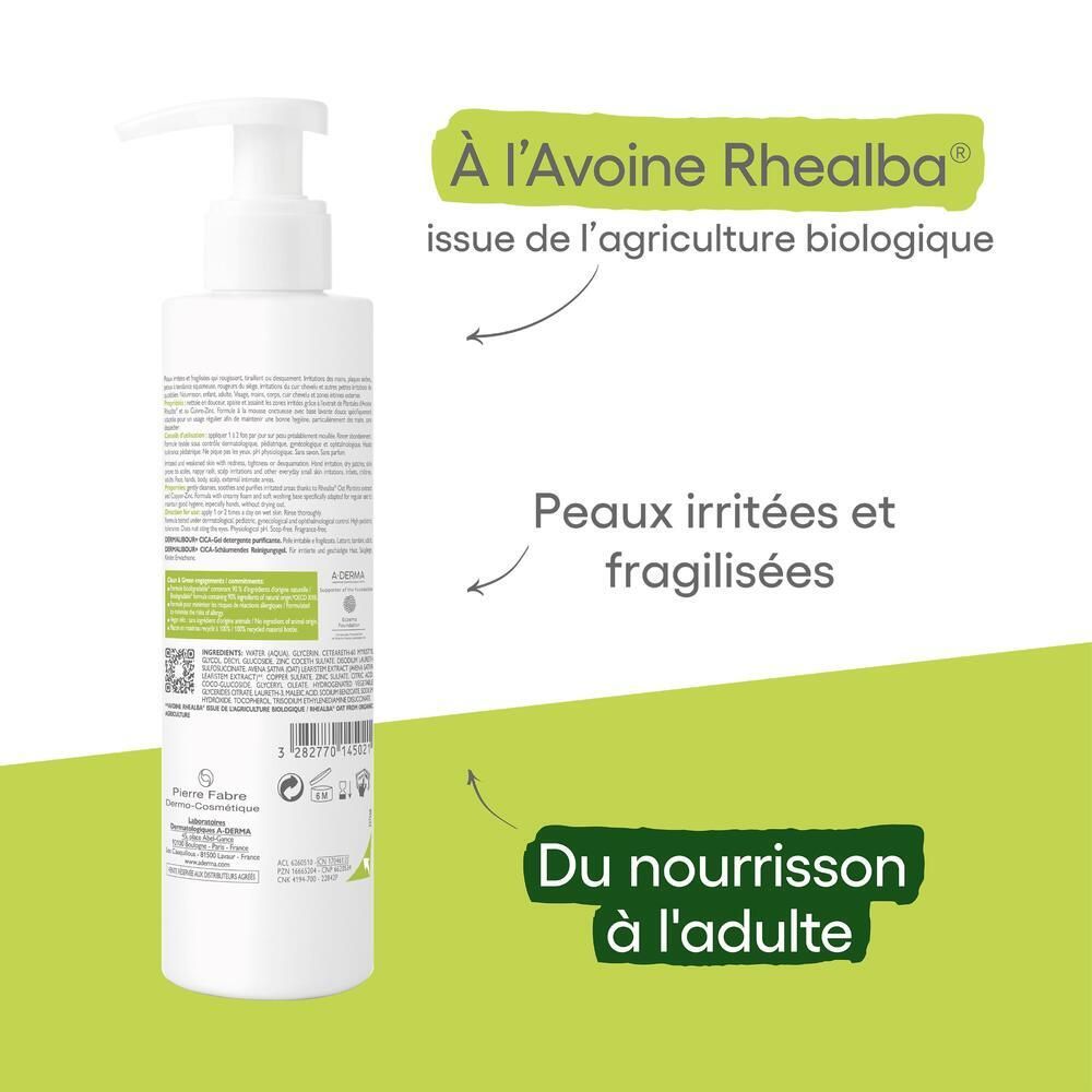 Dos du flacon A-DERMA avec texte. Zones de texte : Avoine Rhealba, peaux irritées, bébé à adulte.