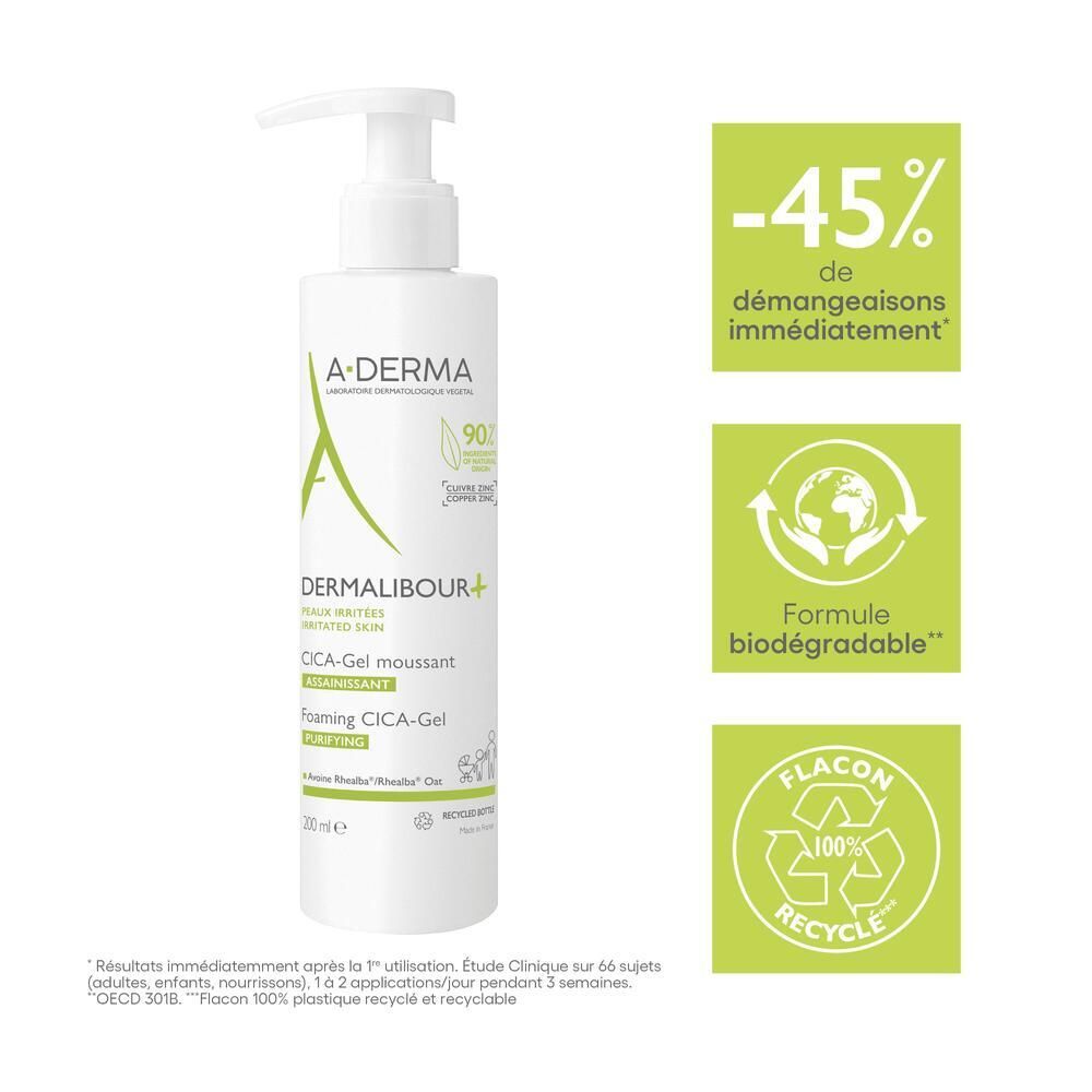 A-DERMA DERMALIBOUR+ CICA Gel moussant. Flacon avec zones de texte vertes : -45% démangeaisons, biodégradable, 100% recyclable.