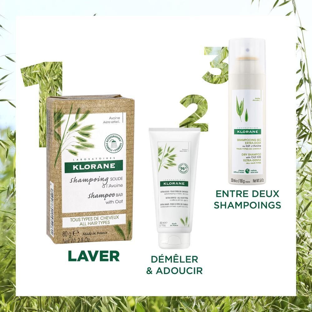 Drei Produkte: Shampoo-Bar, Shampoo-Creme und Trockenshampoo. Alle mit KLORANE-Logo und Hafer-Motiv.