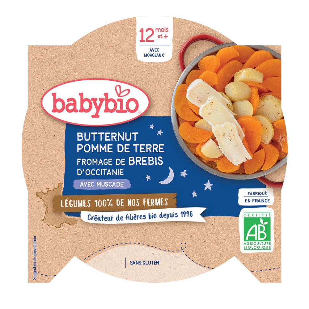 Emballage Babybio. Ingrédients : butternut, pomme de terre, fromage de brebis, muscade. Label AB. Dès 12 mois. Sans gluten.