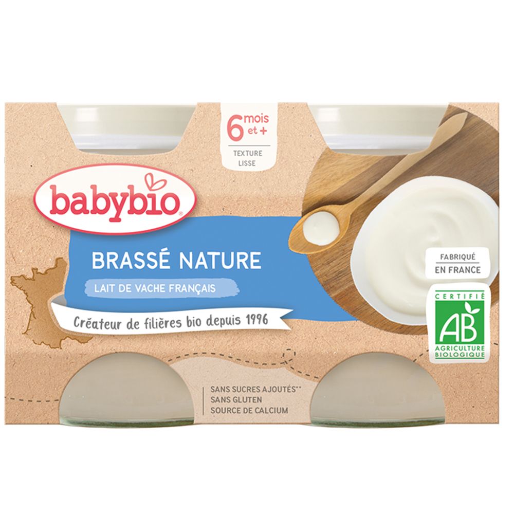 Emballage Babybio avec quatre pots. Inscription: BRASSÉ NATURE, 6 mois et +, certification AB.