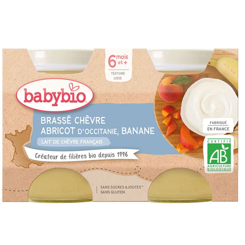Pack de produit Babybio. Contient quatre portions de brassé de chèvre abricot et banane. Certification bio.