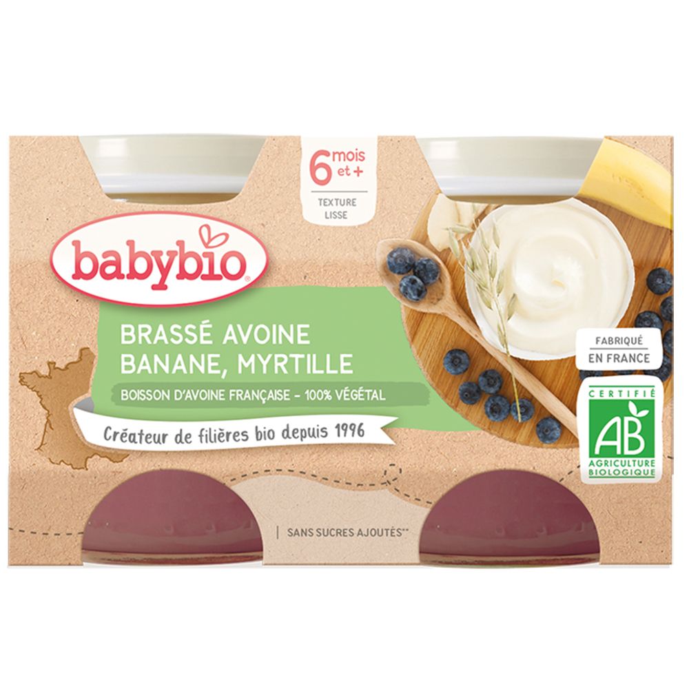 Pack de brassé Babybio. Inscription: Brassé Avoine Banane Myrtille, 6 mois et +. Label AB.