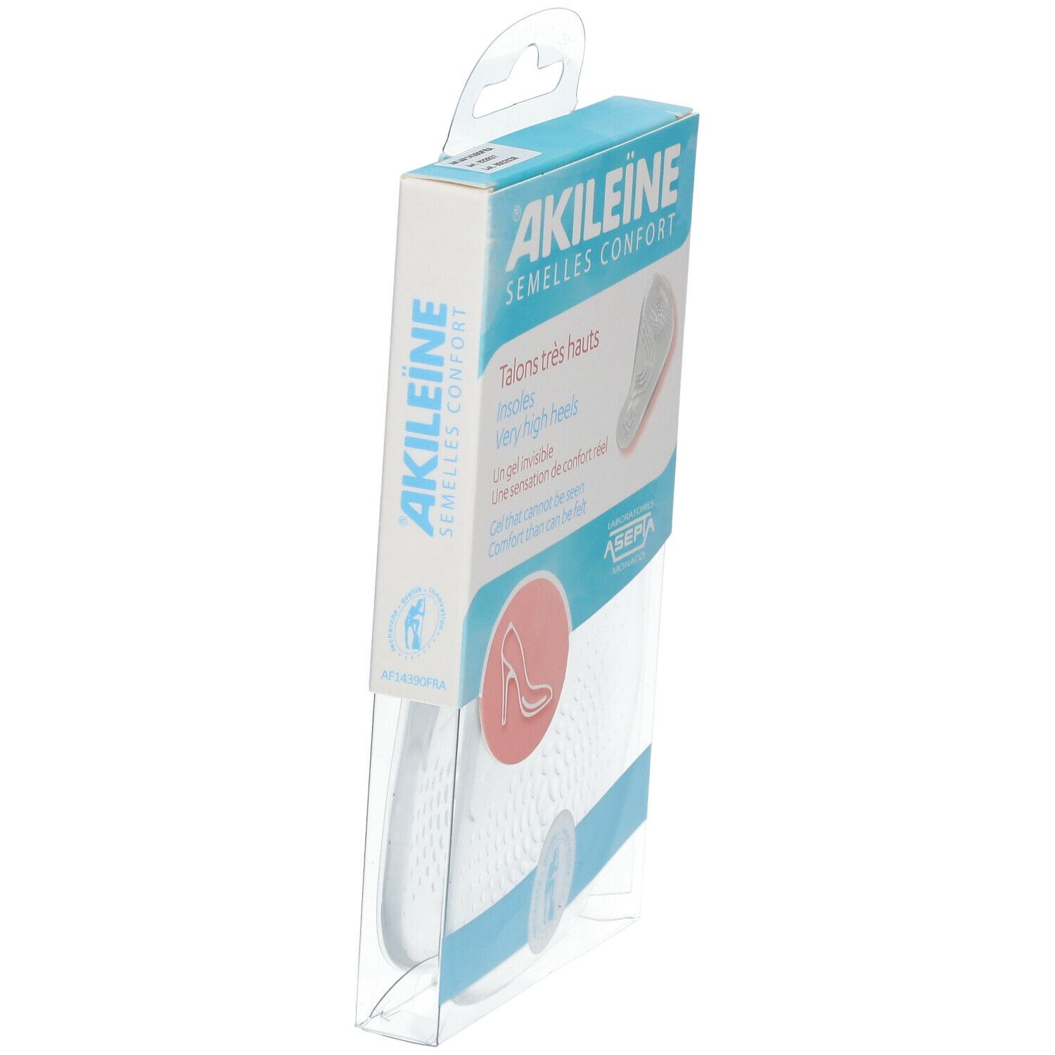 Seitenansicht der AKILEINE Einlegesohlen-Verpackung. Klare Kunststoffverpackung. Produkt teilweise sichtbar. Text: AKILEINE, Talons très hauts.