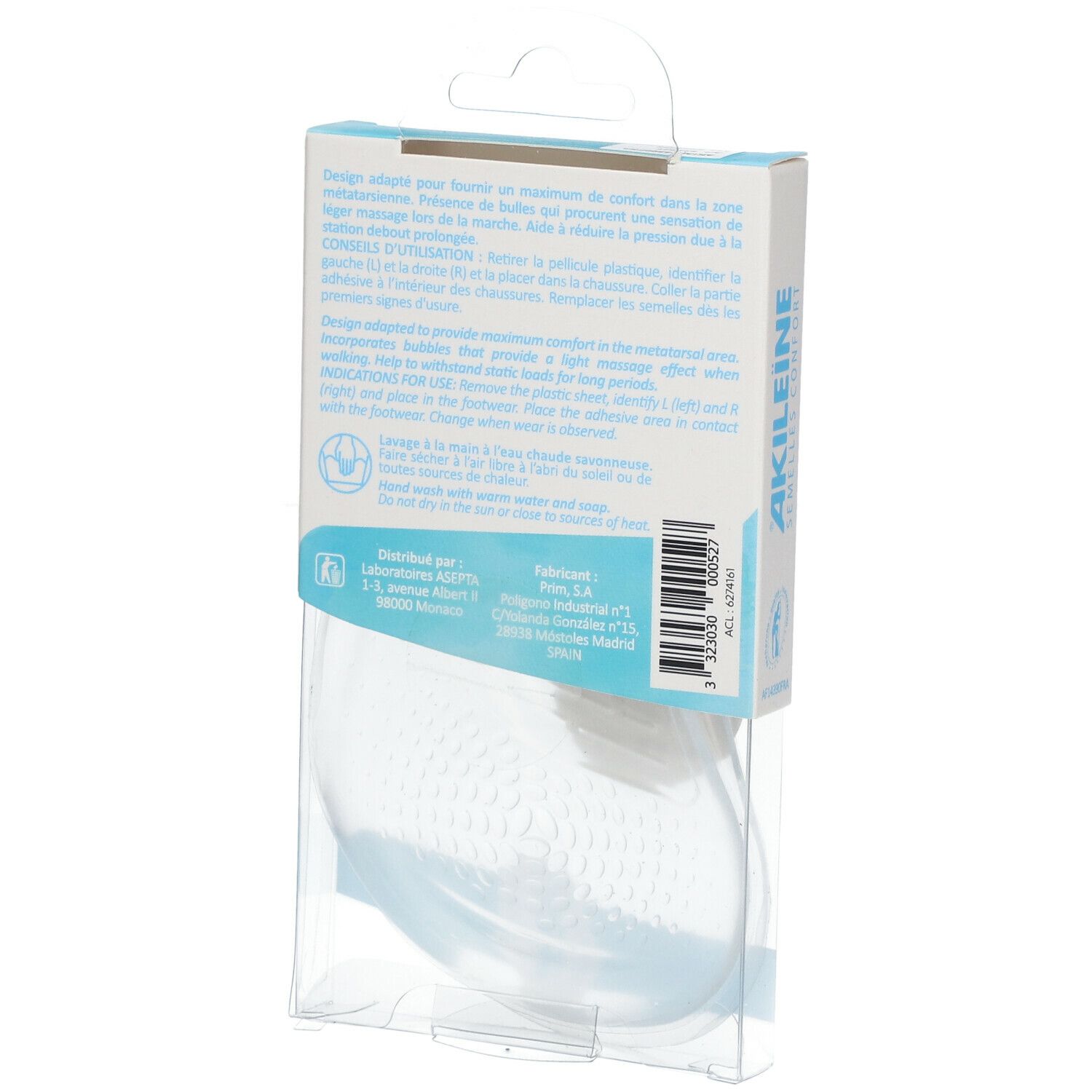 Rückseite der AKILEINE Einlegesohlen-Verpackung. Klare Kunststoffverpackung. Produkt teilweise sichtbar. Text: AKILEINE, Gebrauchsanweisung.