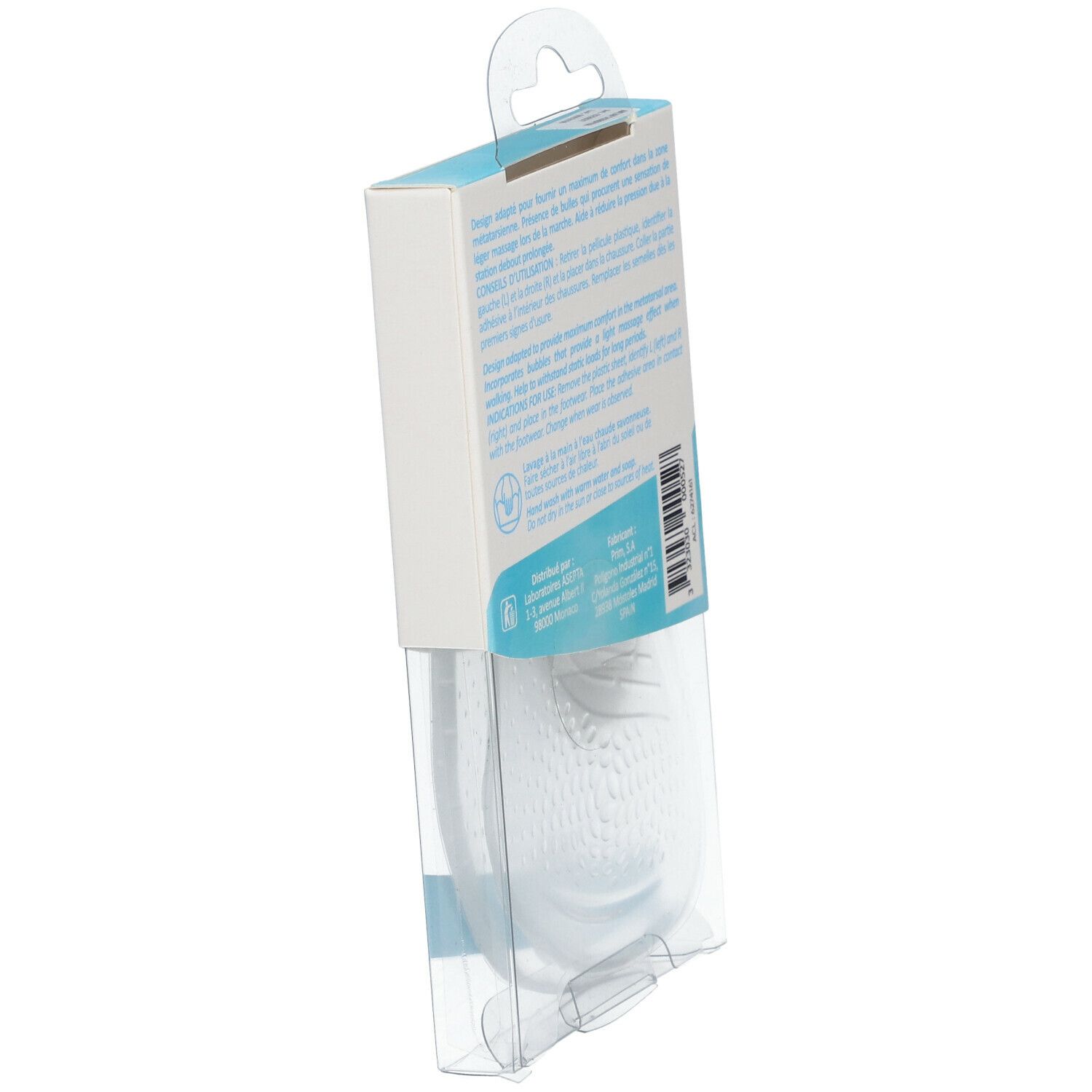 Schräge Ansicht der AKILEINE Einlegesohlen-Verpackung. Klare Kunststoffverpackung. Produkt teilweise sichtbar. Text: AKILEINE, Gebrauchsanweisung.