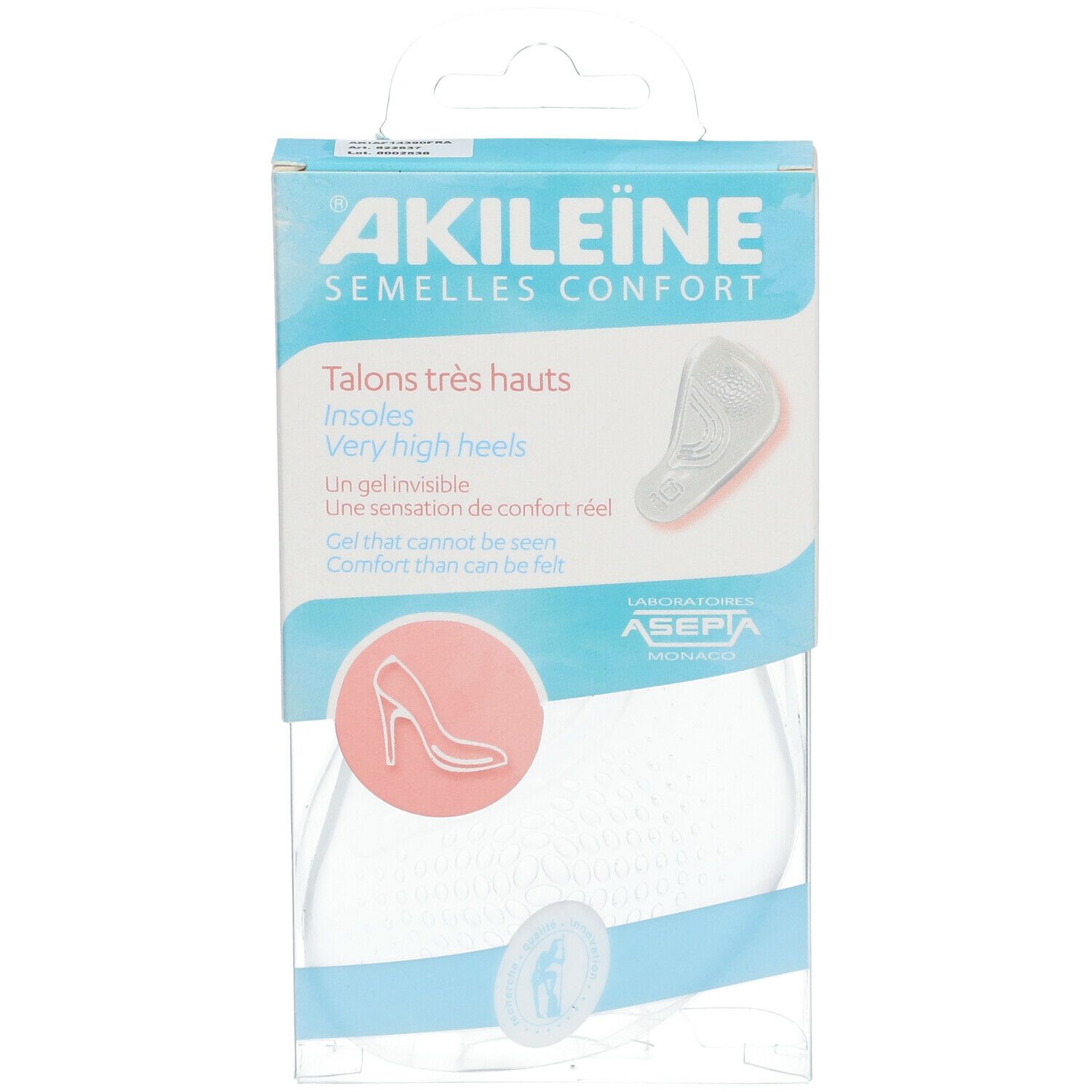 AKILEINE Einlegesohlen-Verpackung. Klare Kunststoffverpackung. Produkt sichtbar. Text: AKILEINE, Talons très hauts, Insohlen, Very high heels.