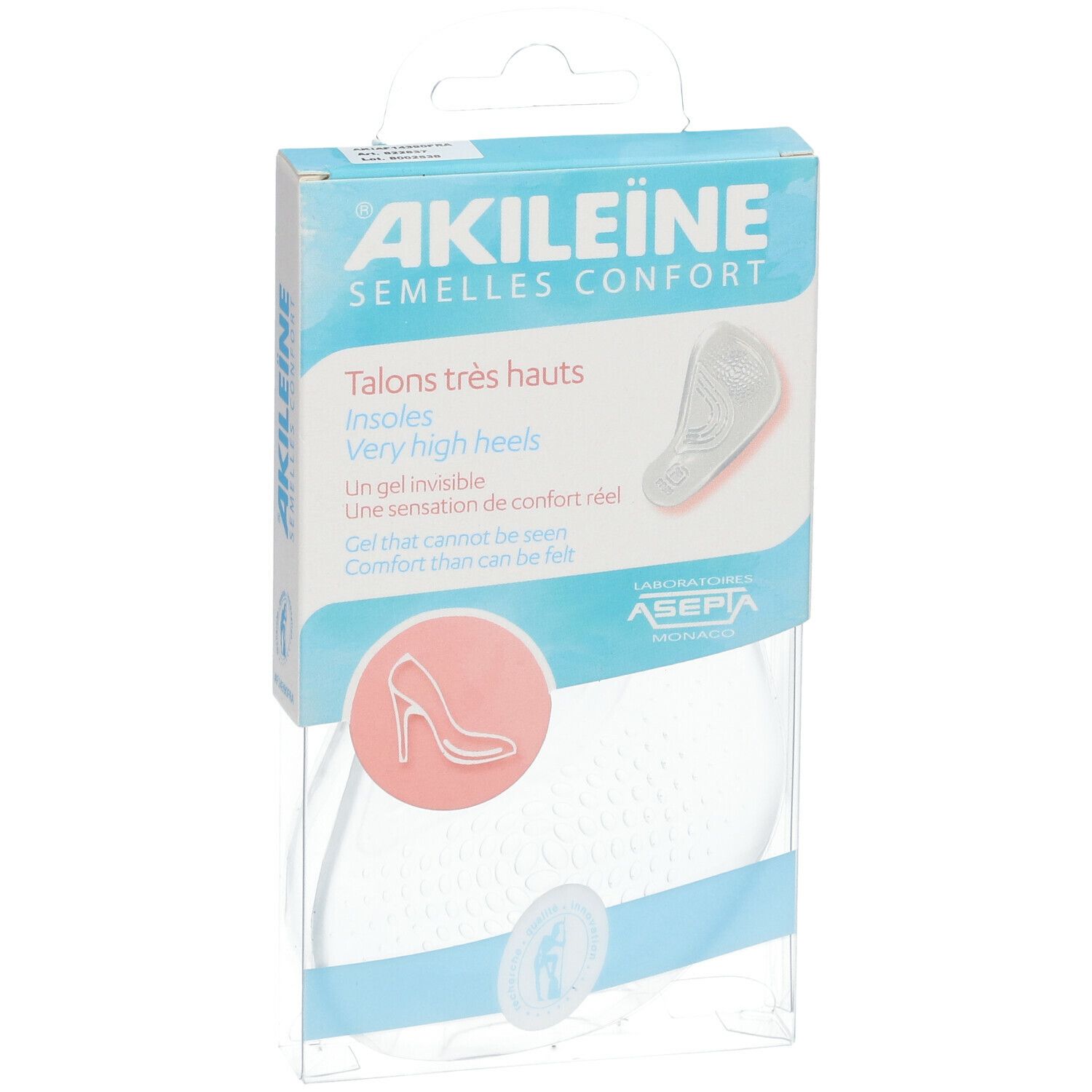 AKILEINE Einlegesohlen-Verpackung. Klare Kunststoffverpackung. Produkt sichtbar. Text: AKILEINE, Talons très hauts, Insohlen, Very high heels.