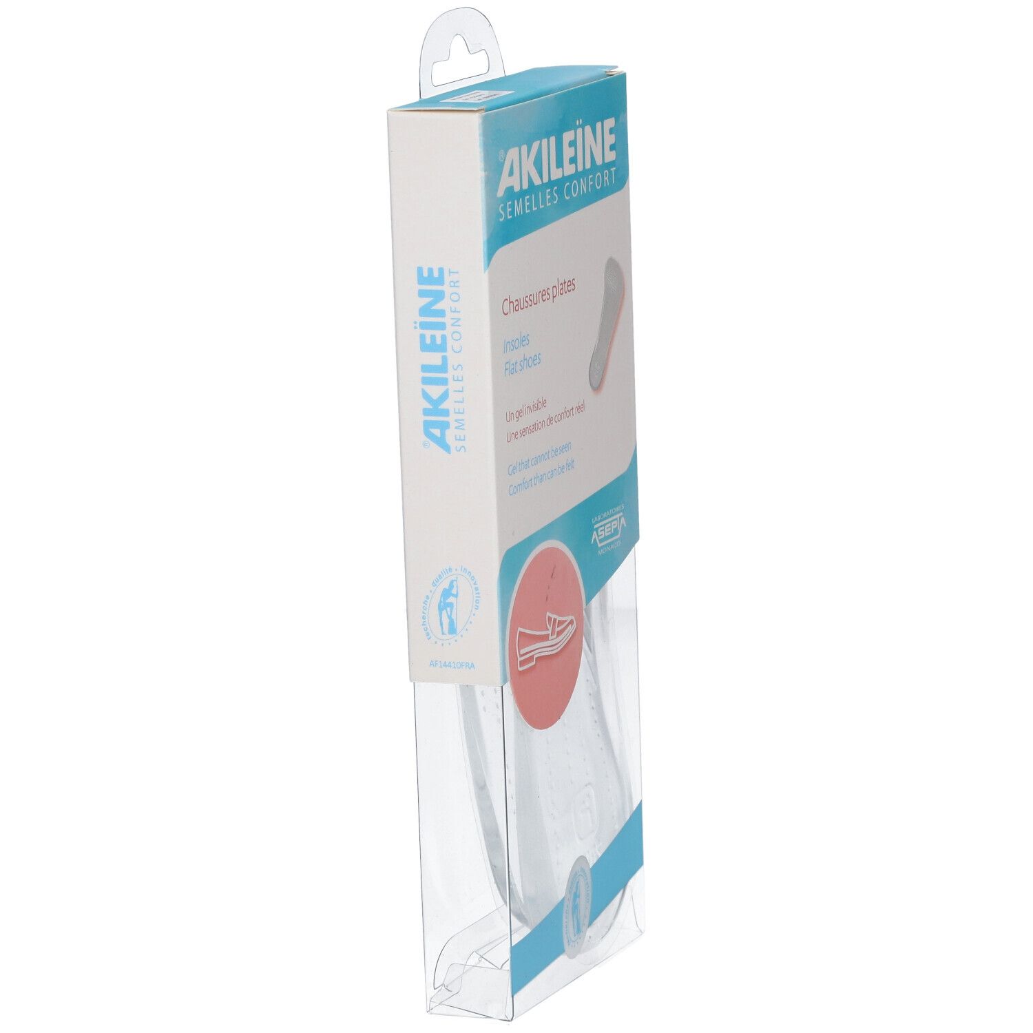 Emballage AKILEINE semelles confort pour chaussures plates. Vue latérale, semelles transparentes en plastique.