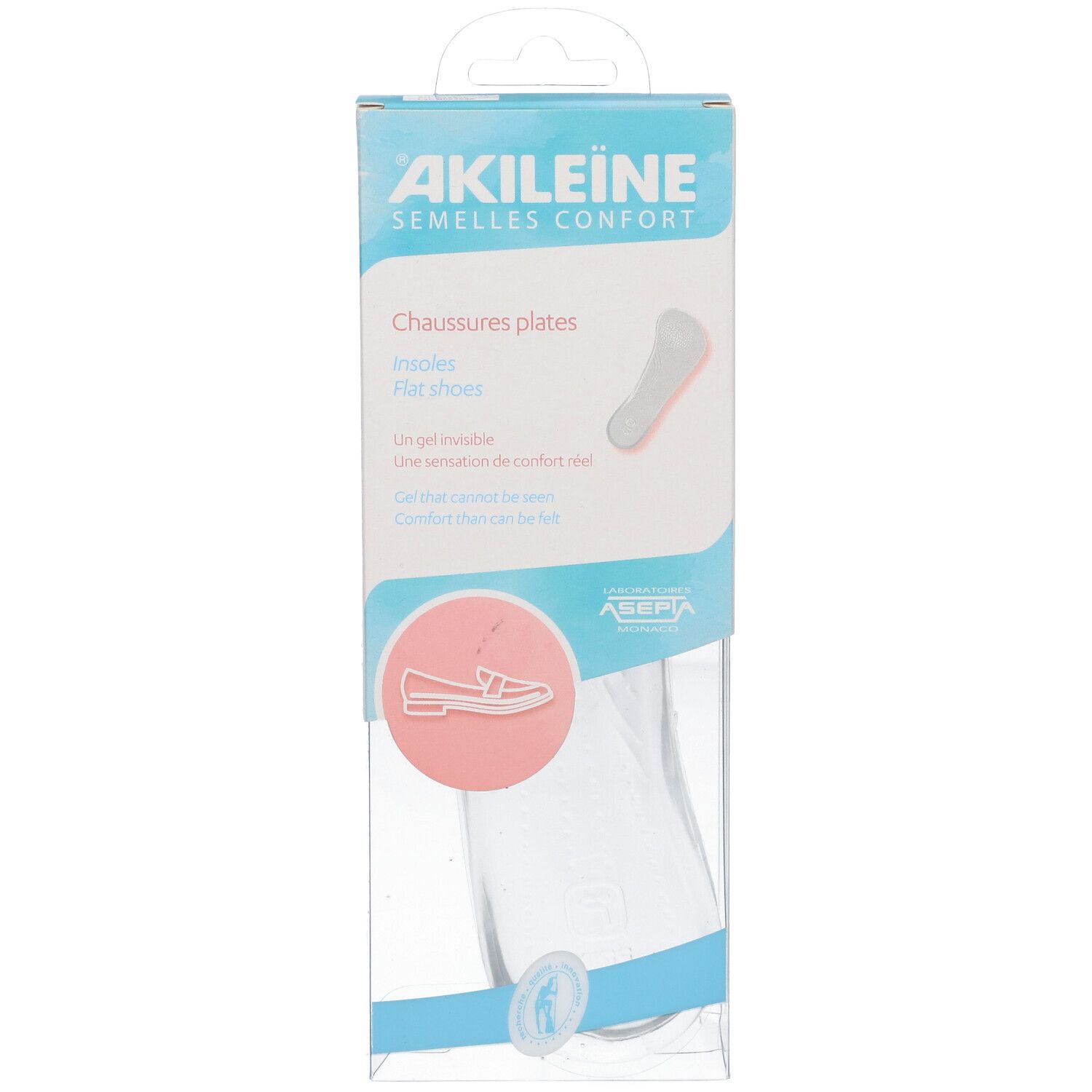 Emballage AKILEINE semelles confort pour chaussures plates. Vue de face, semelles transparentes visibles.