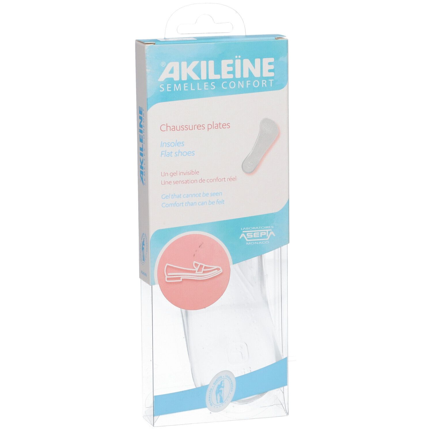 Emballage AKILEINE semelles confort pour chaussures plates. Vue de face, semelles transparentes visibles.