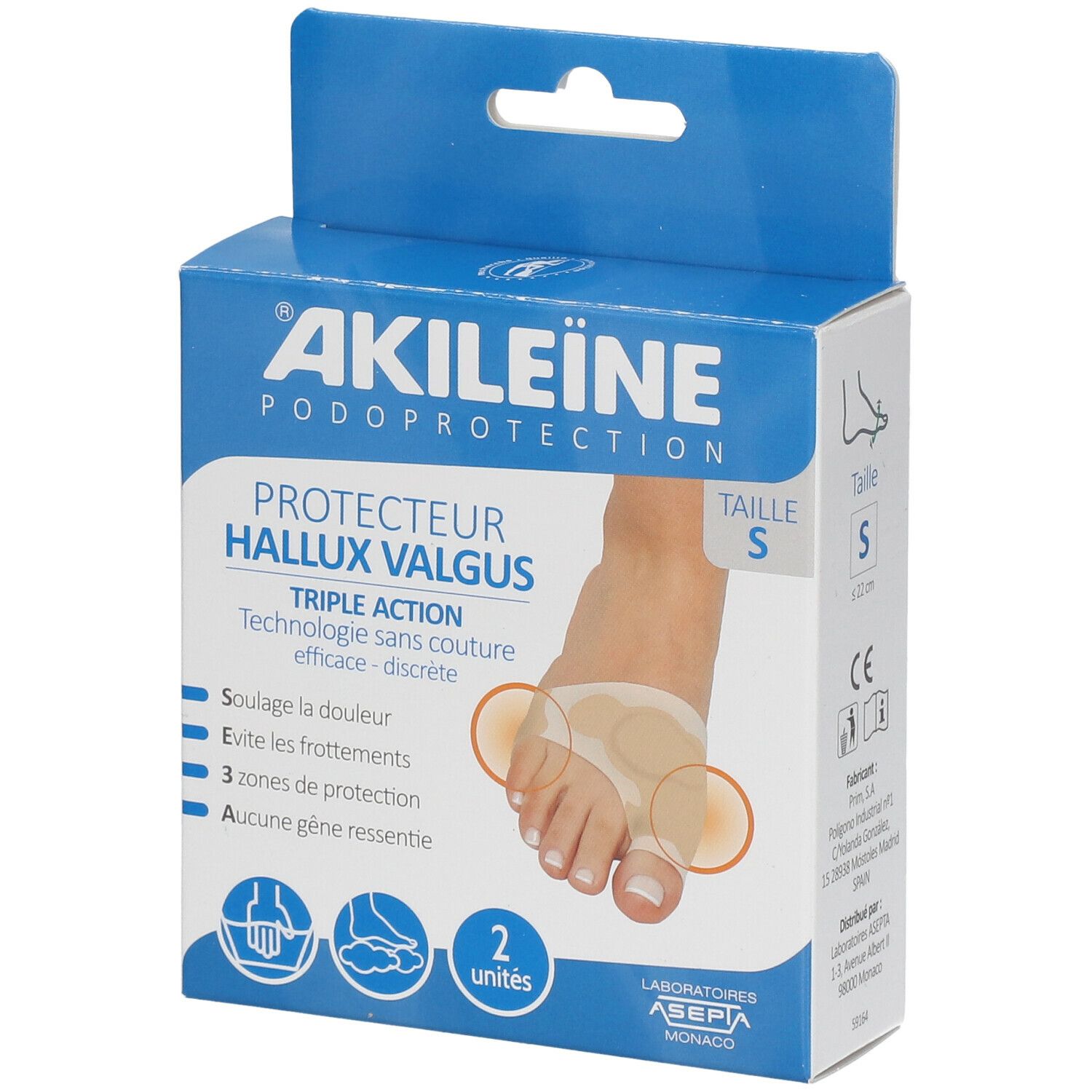 Boîte Akileine Protecteur Hallux Valgus Taille S. Protection pour le pied. 2 unités. Emballage bleu et blanc.