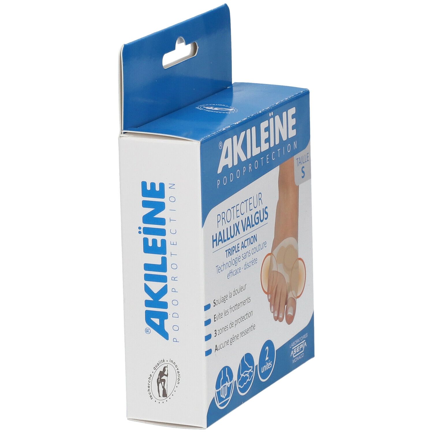 Boîte Akileine Protecteur Hallux Valgus Taille S. Emballage bleu et blanc. Nom du produit et logo visibles.