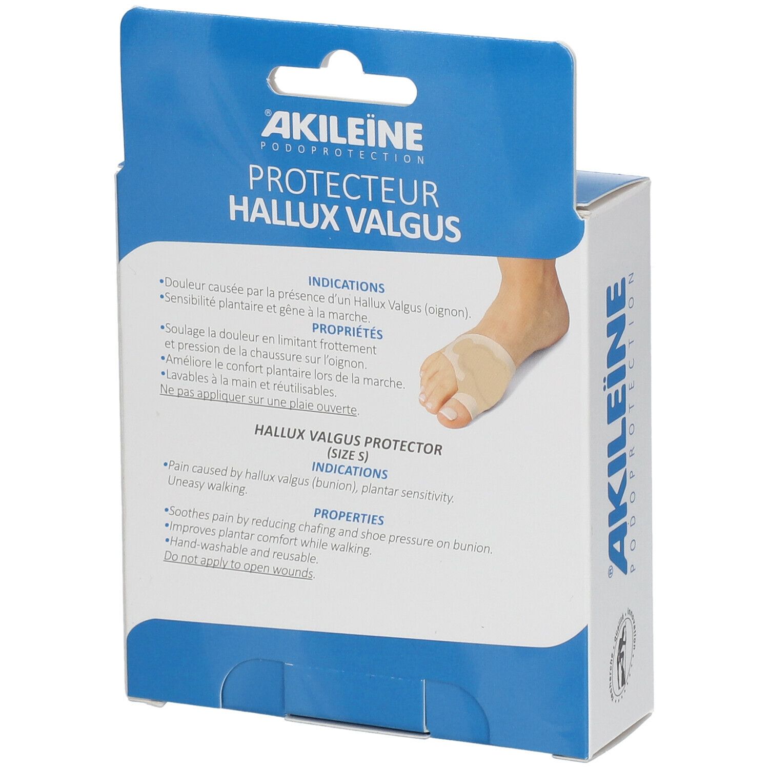 Dos de la boîte Akileine Protecteur Hallux Valgus Taille S. Texte en français et anglais. Informations produit.