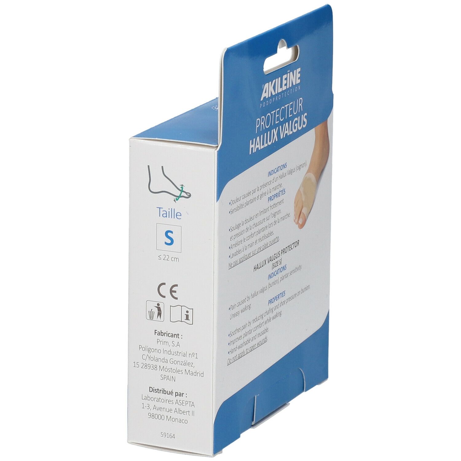 Côté de la boîte Akileine Protecteur Hallux Valgus Taille S. Taille, informations fabricant et marquage CE.