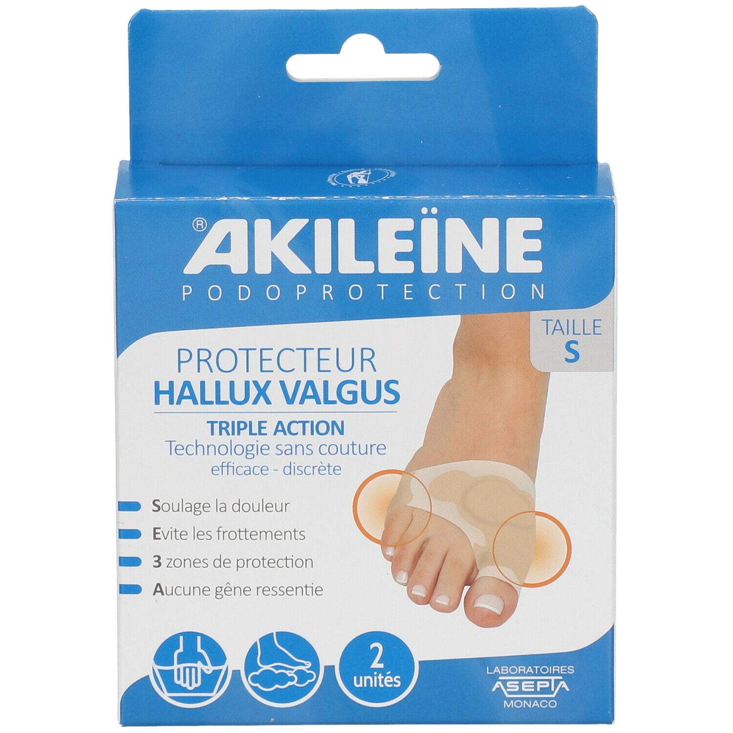 Boîte Akileine Protecteur Hallux Valgus Taille S. Protection pour le pied. 2 unités. Emballage bleu et blanc.